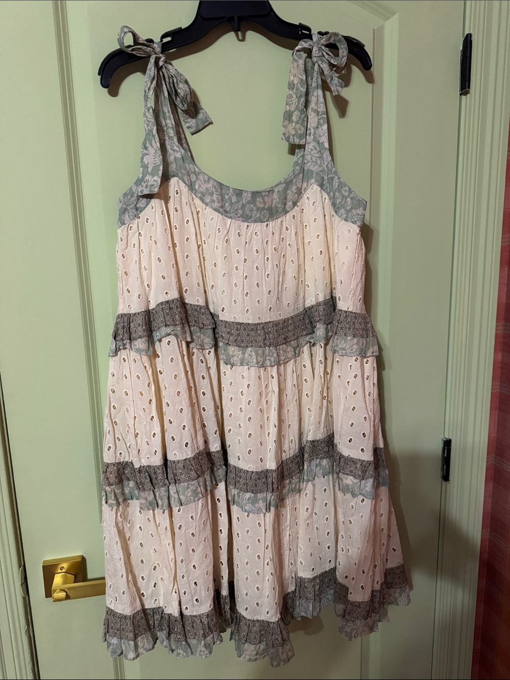 Tiered Eyelet Mini Dress with Sage Floral Trim - Pink